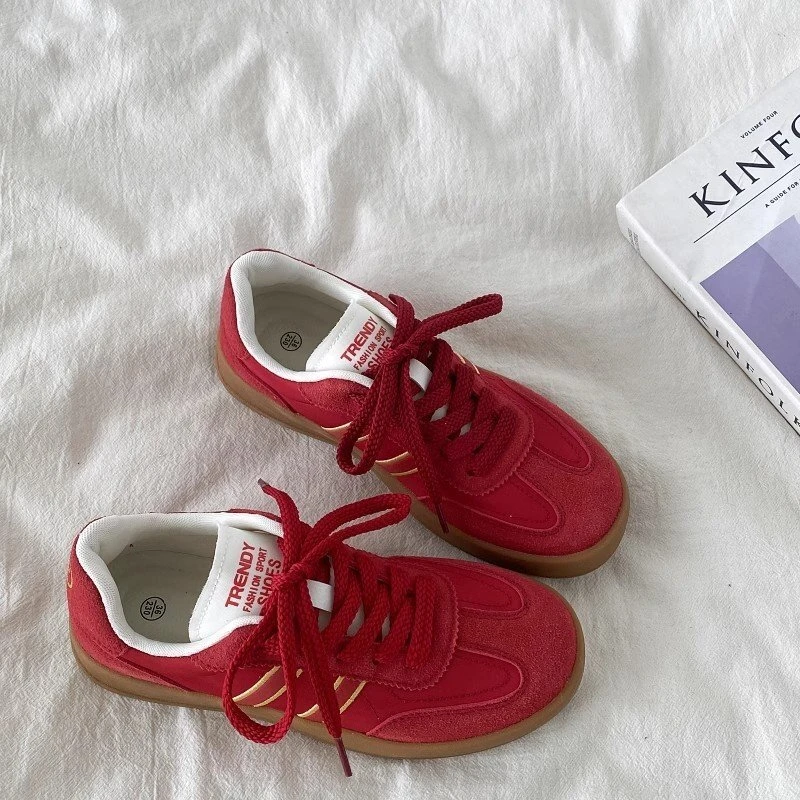 复古红色德训鞋女2025新款春秋百搭板鞋韩版休闲运动阿甘鞋