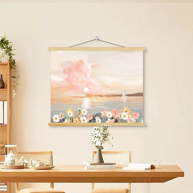 现代简约餐厅装饰画花海壁布挂布风景油画电表箱遮挡挂画实木挂饰