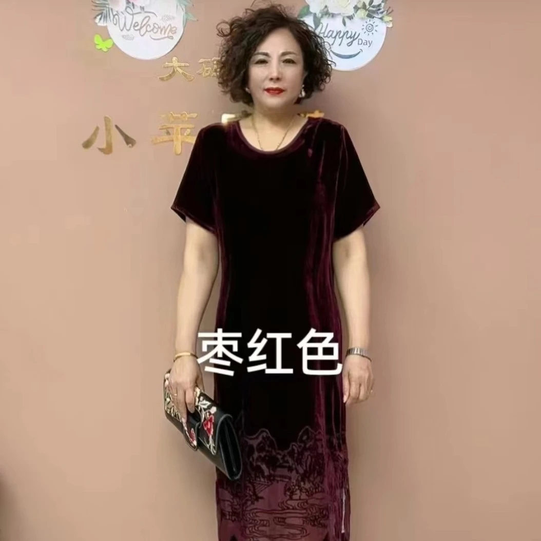 夏季新款净色镂花显瘦拼接中老年妈妈裙