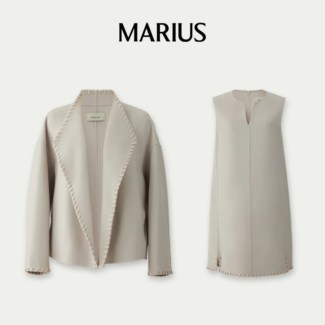 MARIUS赫本套匠人手工坊简约宽松双面呢皮穿绳外套连衣裙气质
