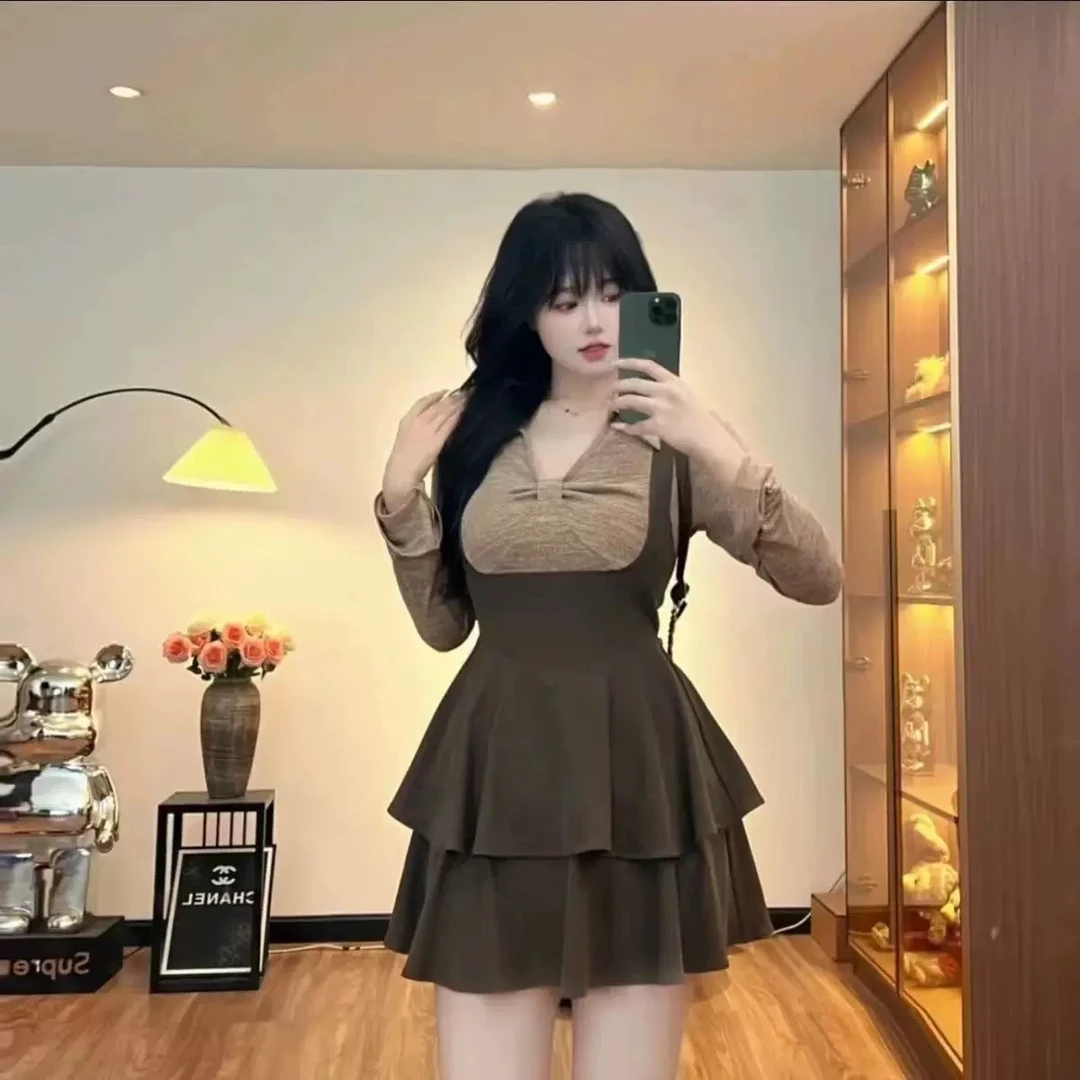 大码女装辣妹长袖连衣裙春季梨形身材蛋糕裙胖MM遮肚子显瘦短裙子