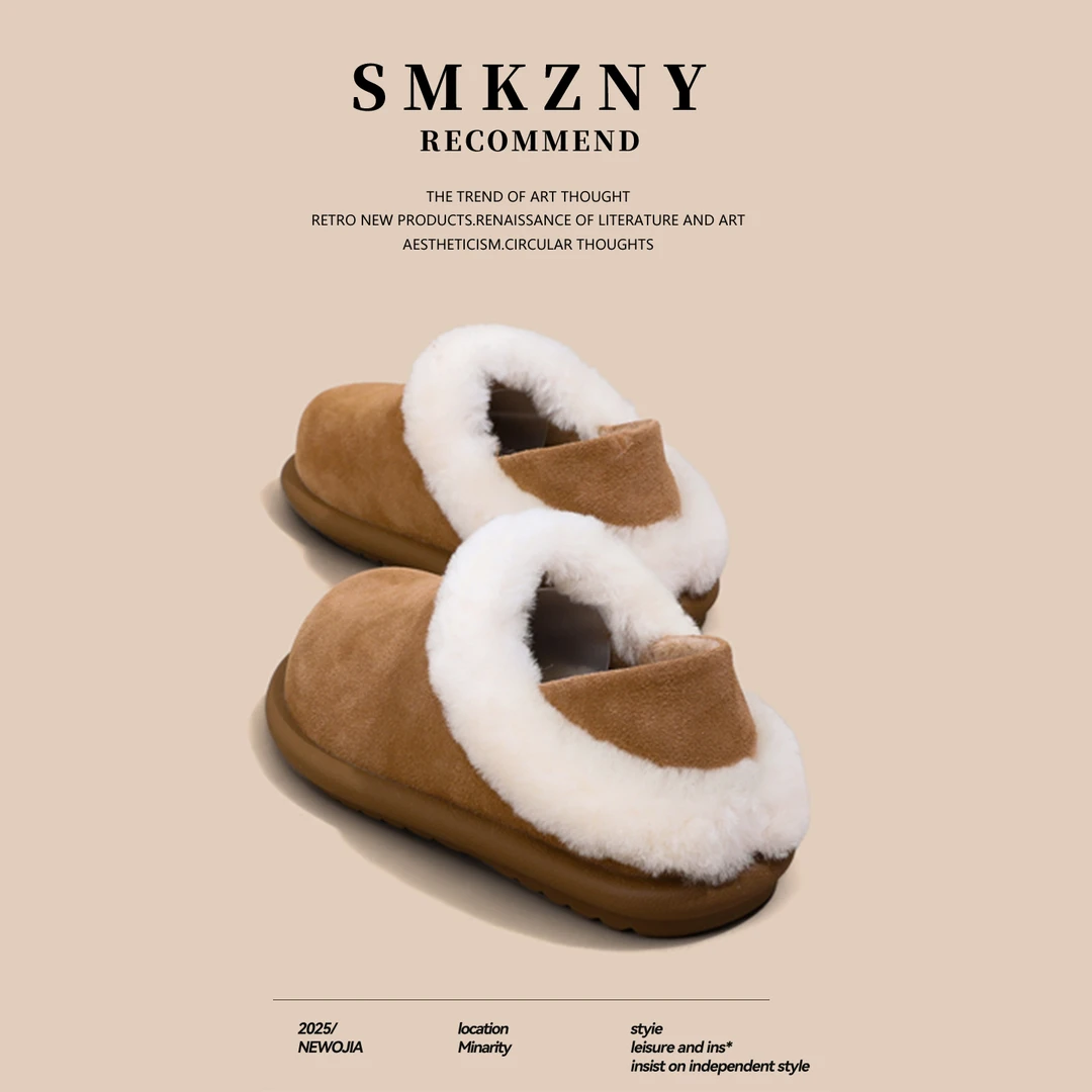 爆款真皮厚底两穿软底勃肯鞋女秋冬加绒雪地靴毛毛拖鞋保暖棉鞋子