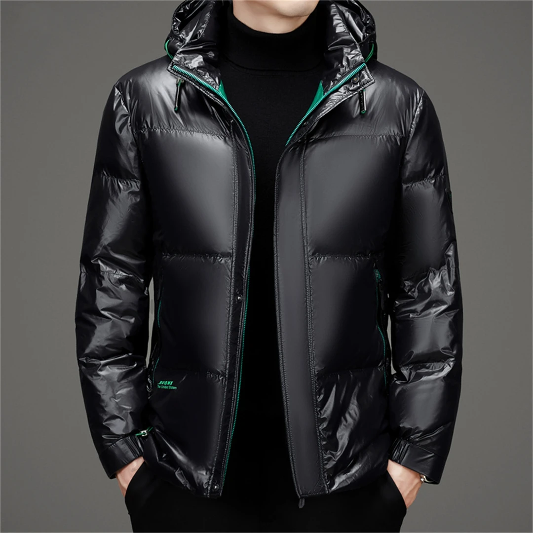 ROEMADUEGA劳玛杜伽连帽亮面羽绒服男士时尚薄款休闲防水保暖外套