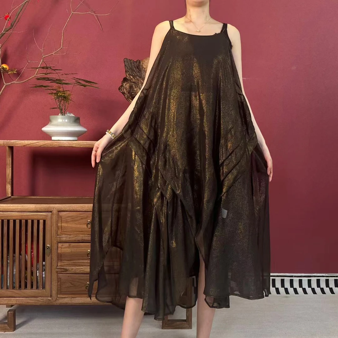 【大海轻奢】L1730新款黑金烫金褶皱百搭设计师款时尚吊带