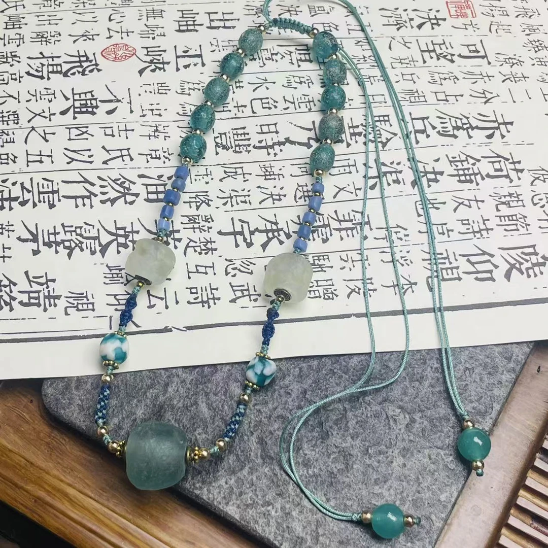 合金项链 LZ7285 蓝色碎碎冰蓝白奶油珠绳编琉璃项链