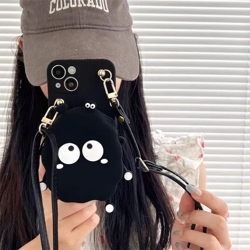 黑煤球零钱包斜挎挂绳适用苹果华为/vivo/oppo小米手机壳软胶防摔