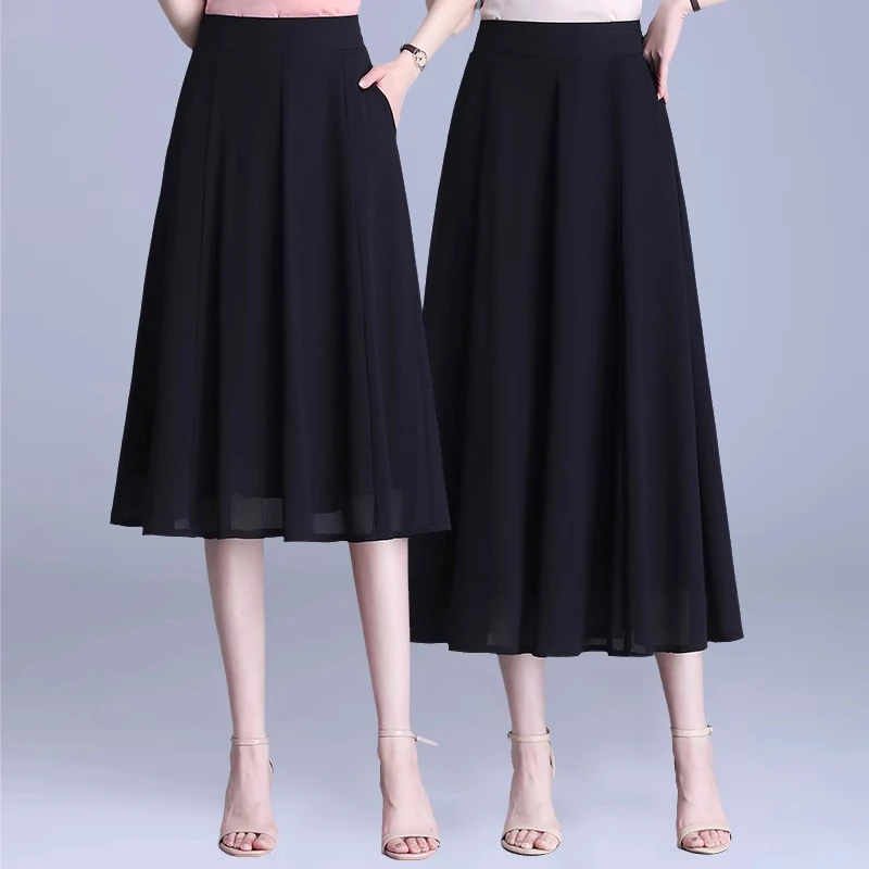 拉夏贝尔黑色雪纺半身裙女夏季2025年新款小个子气质垂感大摆伞裙