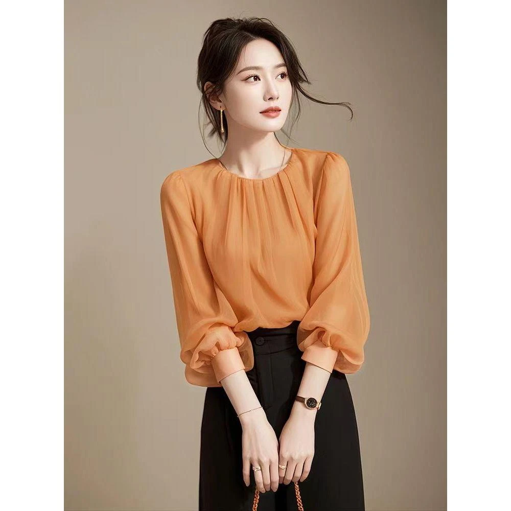 2024早秋新款 今年流行雪纺法式绝美浅蓝色小上衣女气质洋气小衫