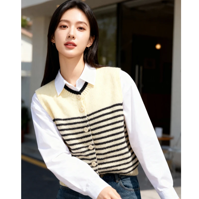 Basic House/百家好休闲针织马甲开衫2025秋冬条纹圆领无袖背心女