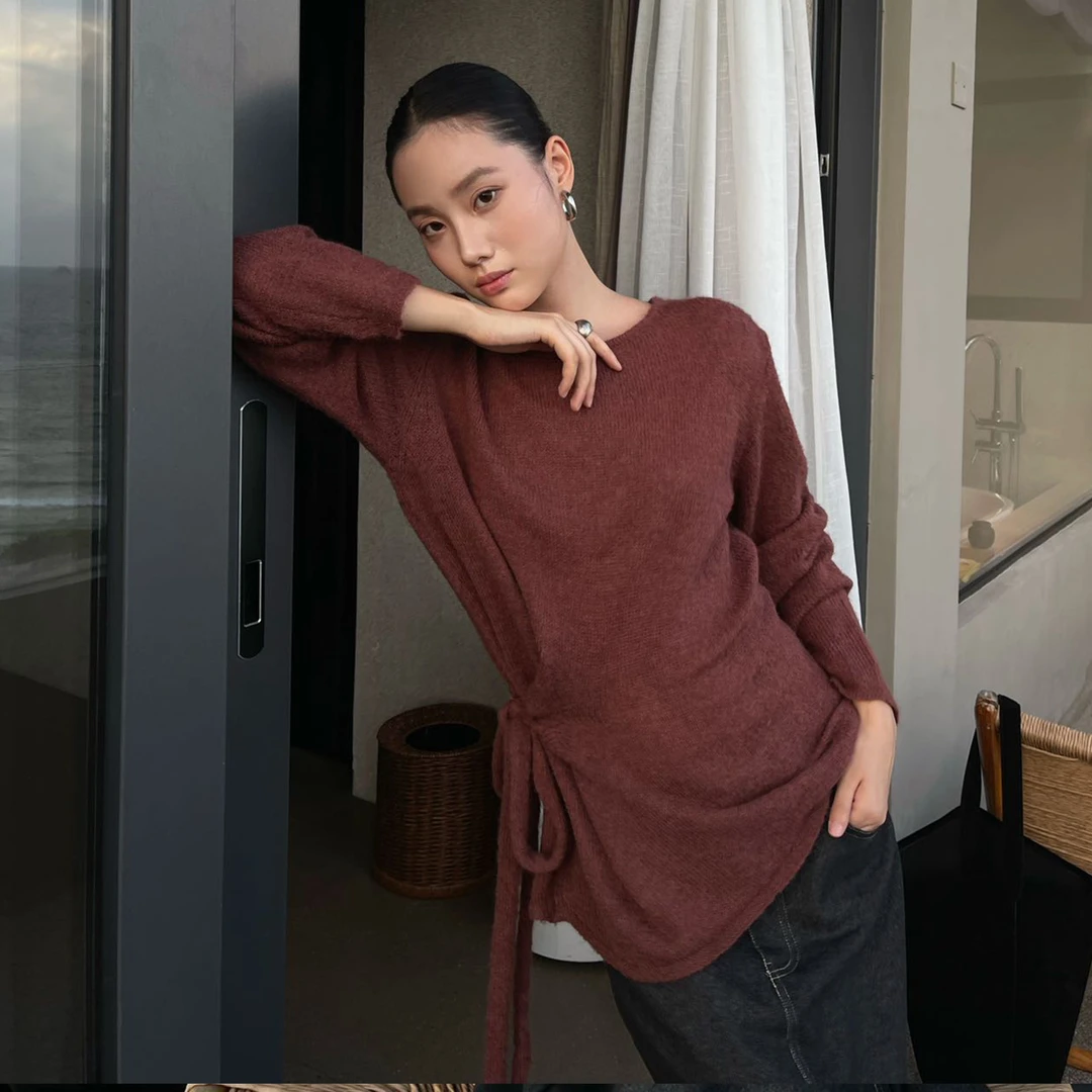 PURITYYH韩系简约长袖绑带针织羊毛上衣内搭外穿时尚百搭套头毛衣