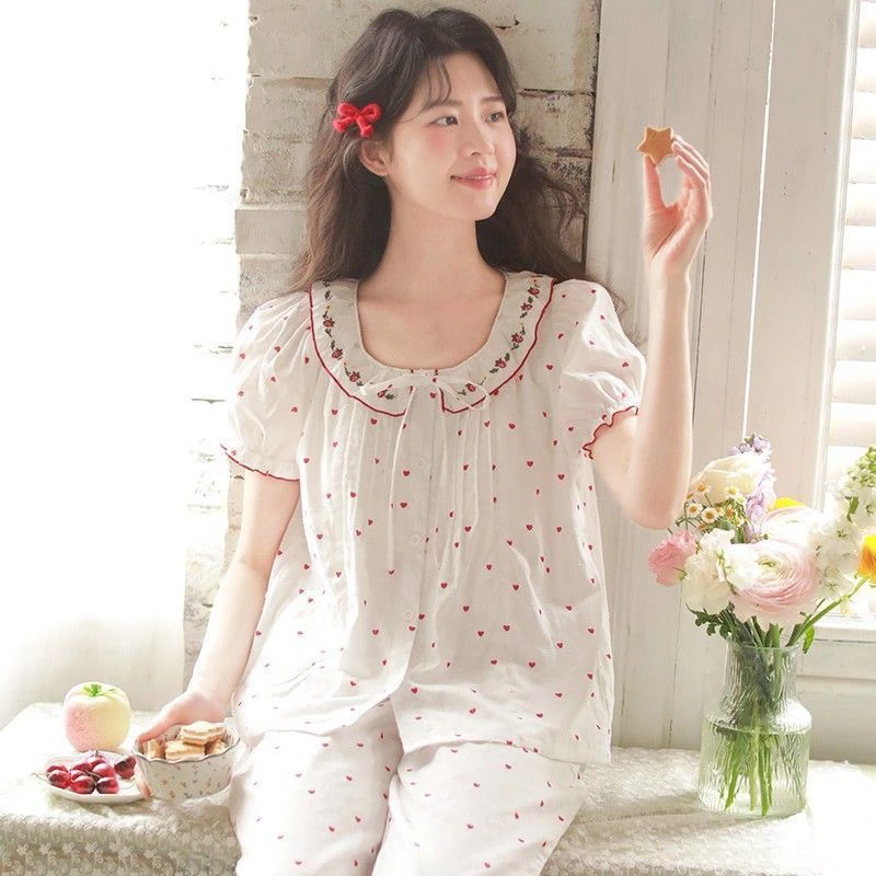 新款2025夏季三件套睡衣女纯棉纱布甜美短袖带胸垫全棉家居服套装