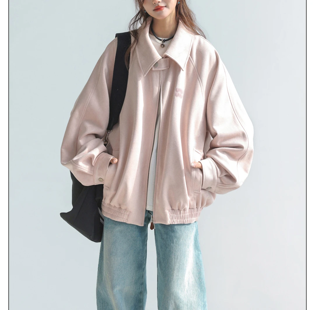 粉色麂皮绒2025秋季新款外套女春秋韩系chic别致字母刺绣翻领夹克