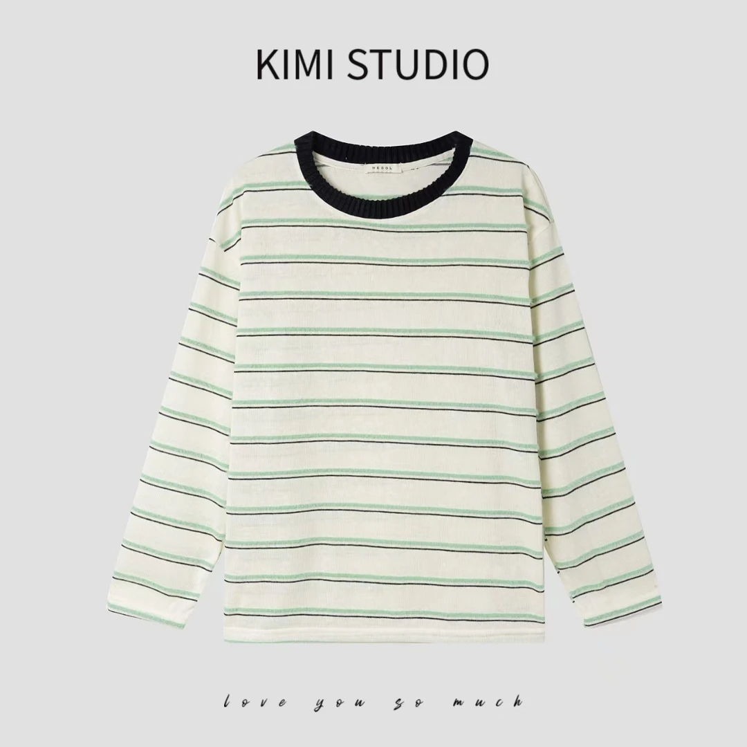 韩系穿搭慵懒宽松长袖T恤立体毛毛条纹撞色边圆领针织上衣AW25203