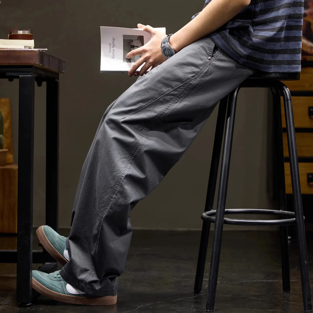 复古纯棉休闲裤男士宽松垂感阔腿裤夏季纯色简约百搭直筒裤男