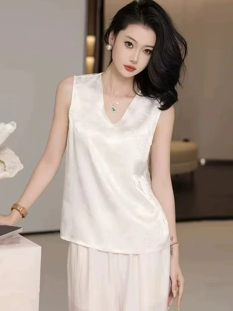 女士新款提花V领无袖后面蕾丝吊带背心可外穿可内搭