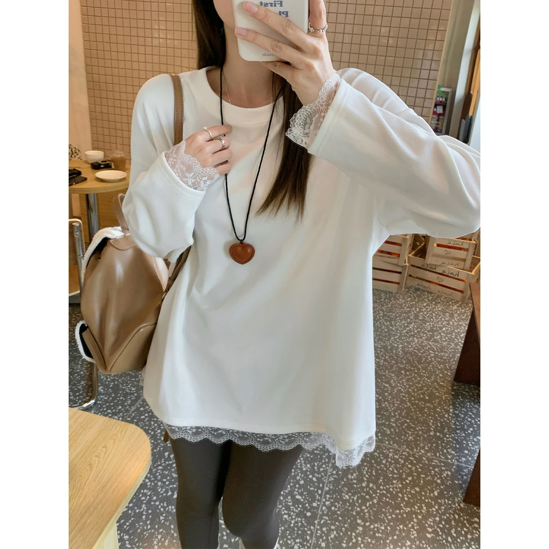欧洲站秋冬新款蕾丝拼接中长款内搭打底衫女磨毛休闲长袖纯棉上衣