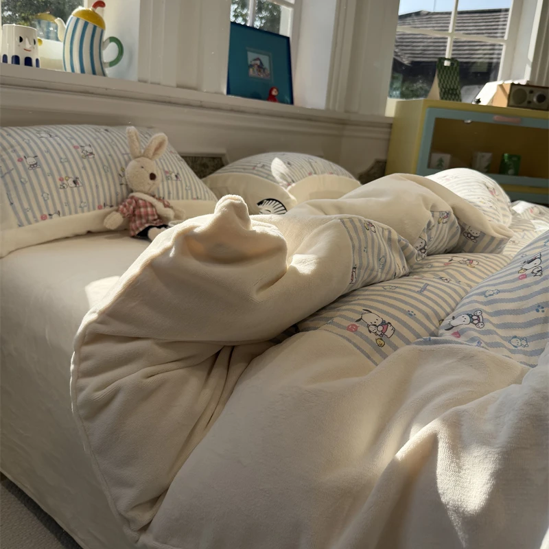 易安阁保暖少女双层纱加慕斯绒卡通呆萌帕恰蓝条四件套1.5m1.8米