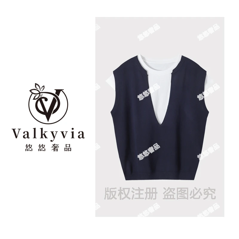 【悠悠奢品】简约舒适拼接真两件圆领短袖T恤W522