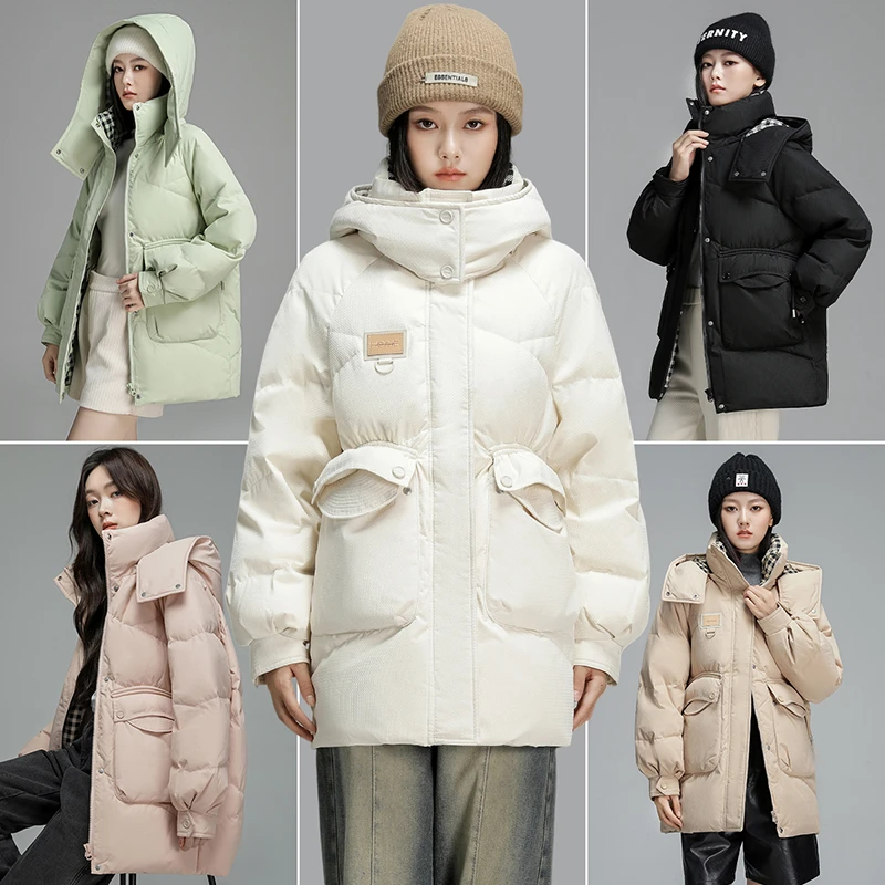 海澜优选休闲女款时尚格子撞色连帽鸭绒羽绒服