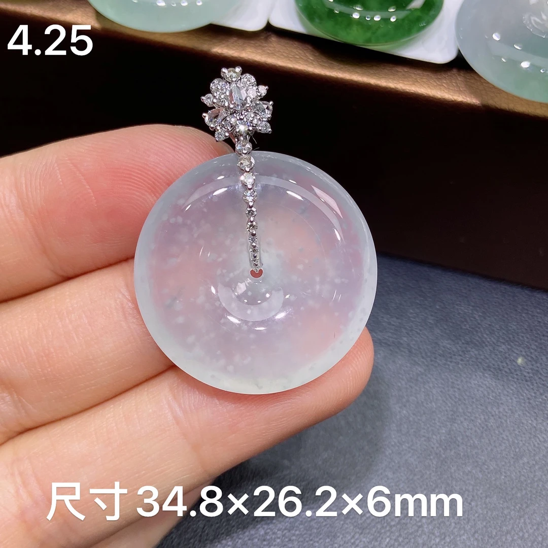 缅甸天然A货翡翠，高冰种18K金镶嵌木那雪花棉平安扣吊坠R