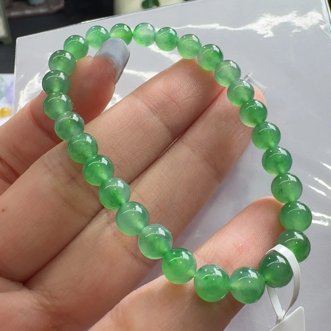 未镶嵌手链翡翠巨漏！高冰翠阳绿手串卡6 炸光！纯净！