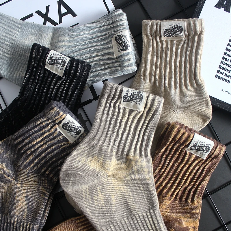 春夏做旧扎染袜子男士中筒袜女潮流百搭中帮吸汗透气褪色短筒袜潮