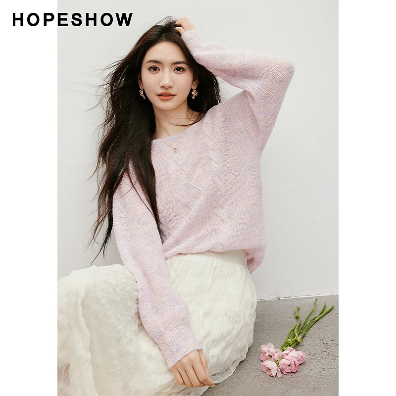 红袖2025秋季新款女装 复古绞花落肩一字领套头针织衫90125060107