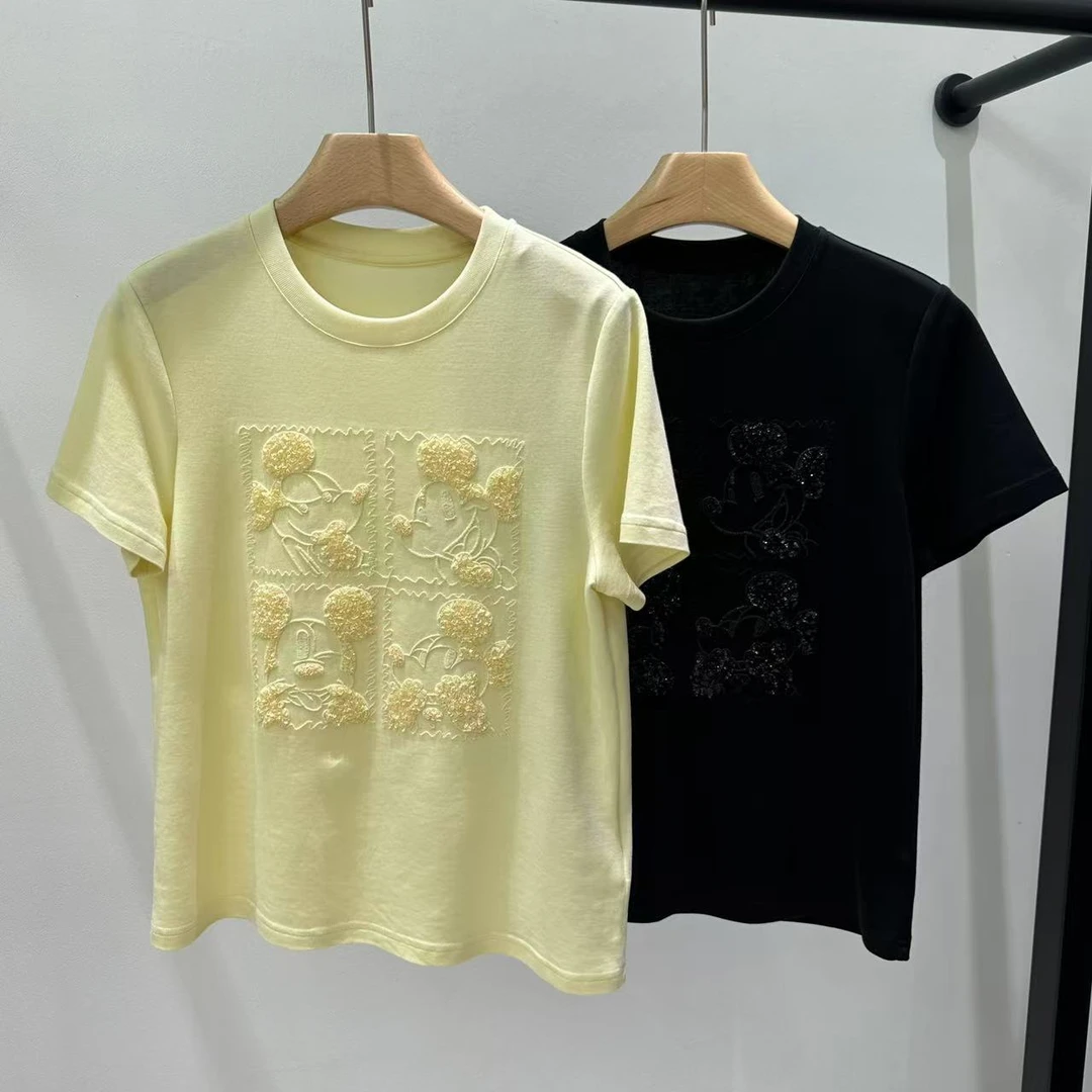 Mozch  重工立体绣花卡通米老鼠图案小众设计款百搭T恤【长59】657