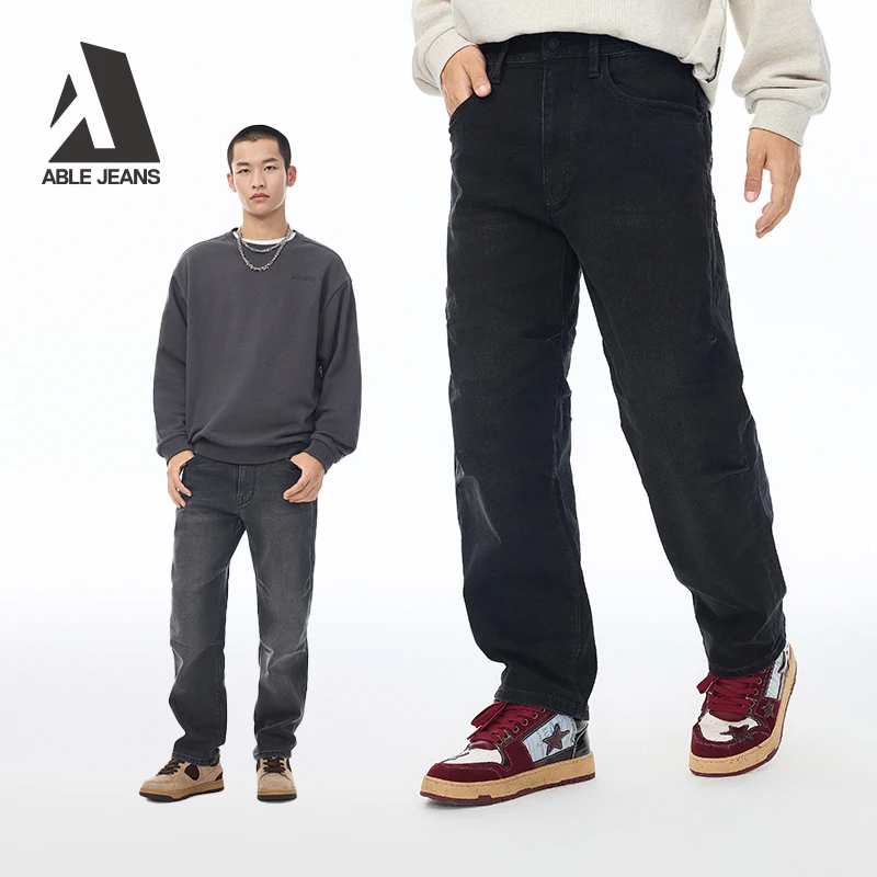 ABLEJEANS【直筒滑板裤】新款宽松直筒弹力舒适黑色牛仔裤男款
