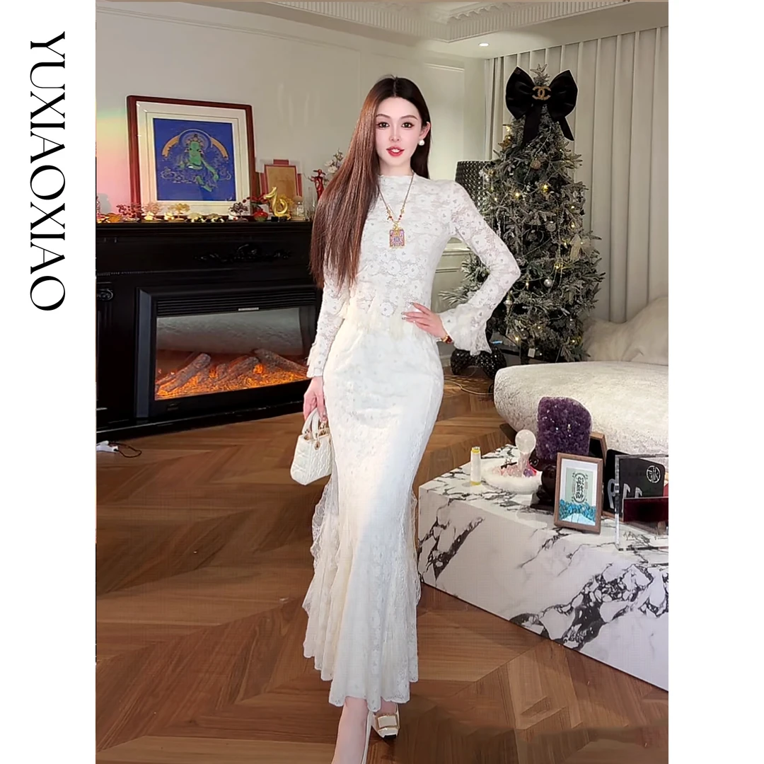 余潇潇【迷迭花园曲】法式浪漫磨毛蕾丝立领修身上衣&鱼尾长半裙