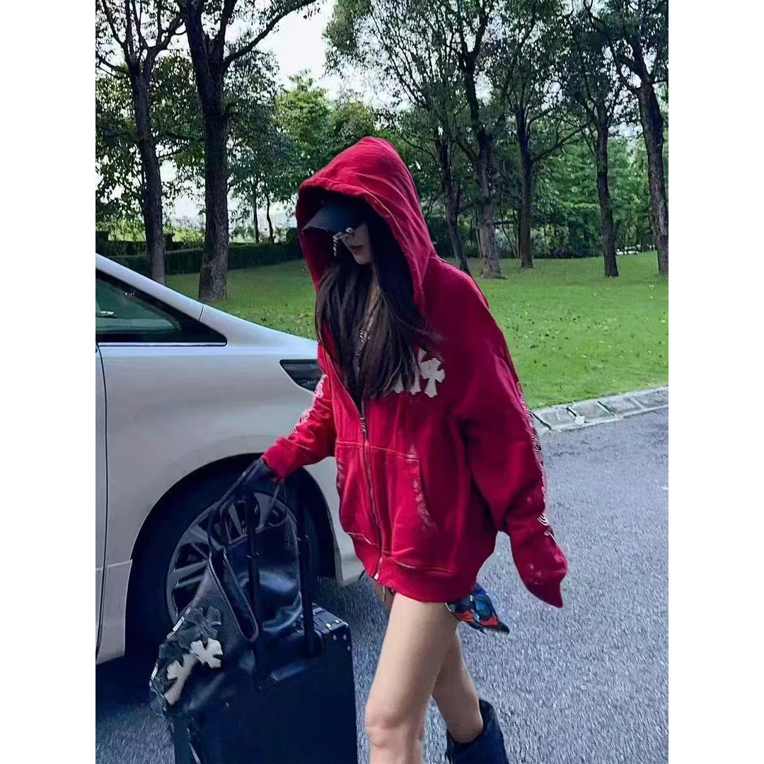 秋季新款高级感拉链开衫卫衣男时尚宽松连帽百搭复古外套印花上衣