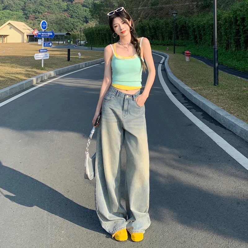 蓝调布鲁斯 复古色阔腿牛仔裤女百搭宽松直筒裤子秋冬显瘦拖地裤