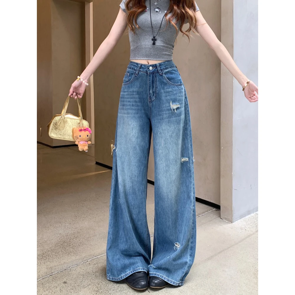 美式复古折痕破洞牛仔裤女夏季高腰显瘦宽松直筒梧桐阔腿拖地裤子