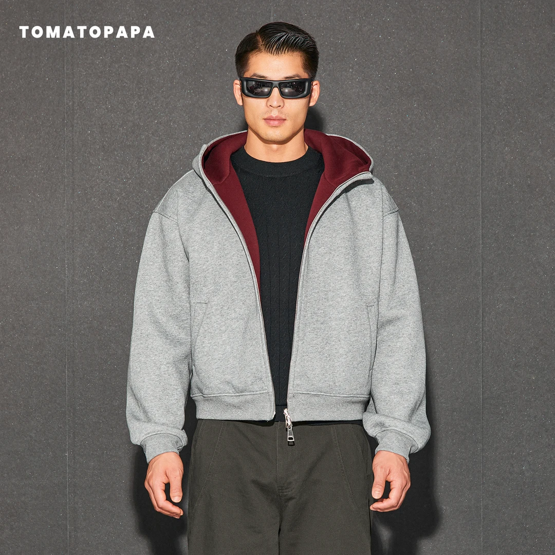 TOMATOPAPA重磅连帽双层拉链卫衣男宽松短款休闲开衫外套极简风