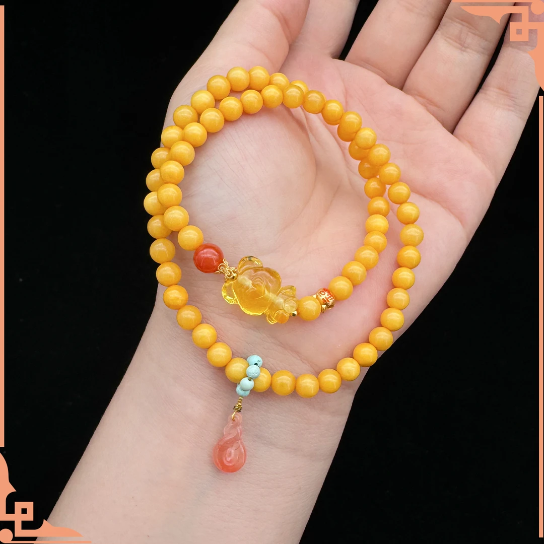【专属】天然蜜蜡双圈配蜜蜡小熊手串5-6mm-S6-121-多样性发其一