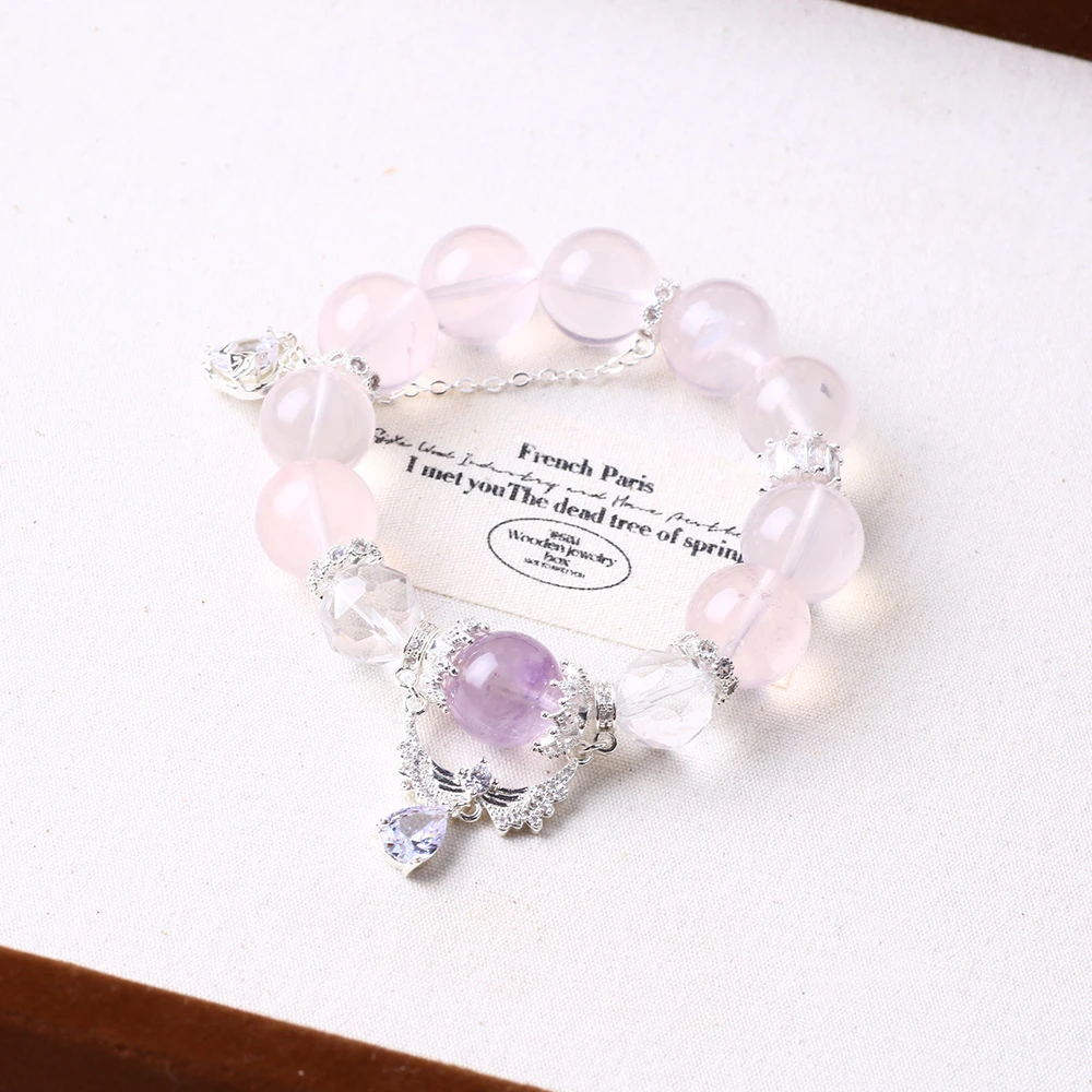 【天使之泪】12mm天然粉水晶+14mm紫水晶手链设计款水晶手链D011