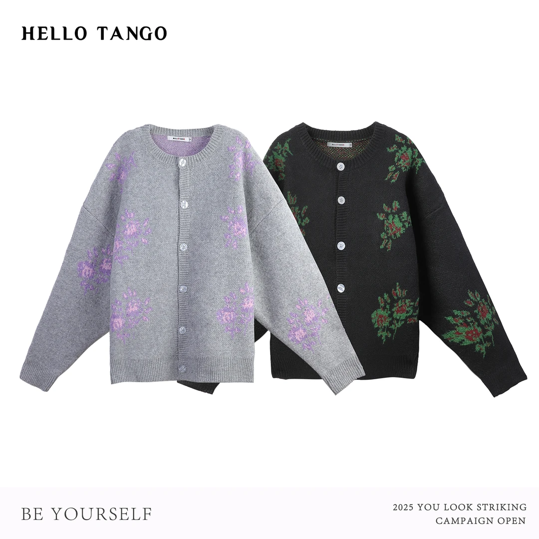 HELLOTANGO《复古花卉》秋冬复古撞色花朵羊毛混纺针织外套8332#