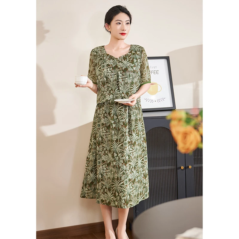 迪欧芙2025夏季新款绿色乔其纱假两件通勤短袖女连衣裙#XLQ18182
