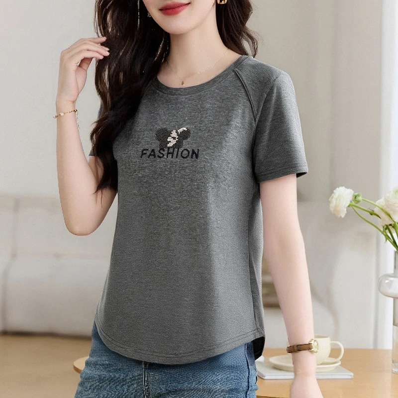 夏季爆款高级短袖t恤正肩遮肉显瘦洋气圆领上衣2025时尚简约女装