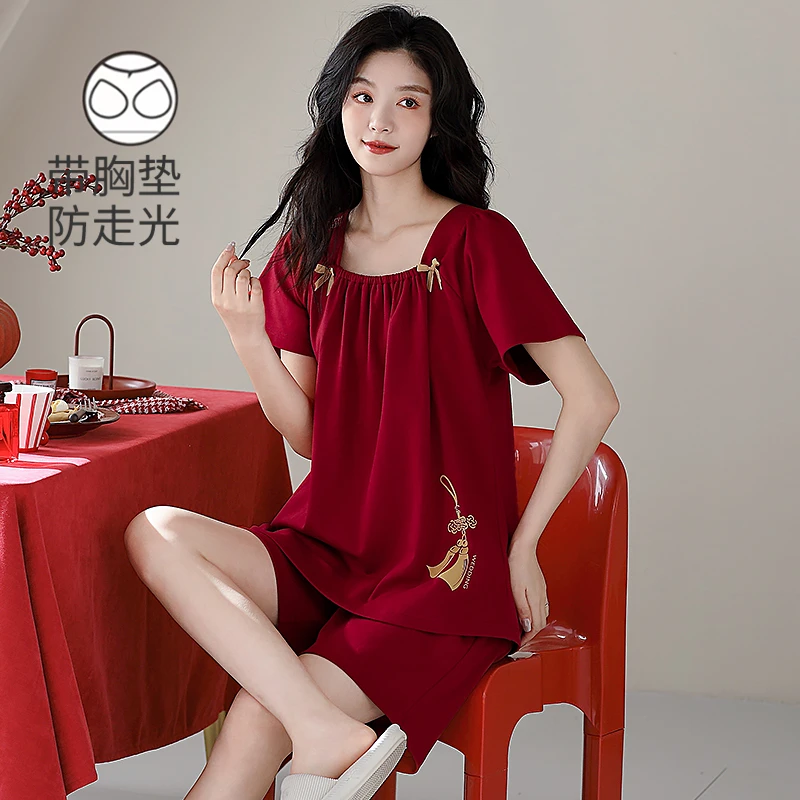 红色睡衣女夏季纯棉薄款短袖本命年结婚新婚2025年新款家居服套装