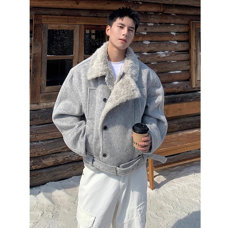 皮毛一体短款毛呢外套男款冬季加绒加厚毛领座山雕仿貂毛夹克棉服