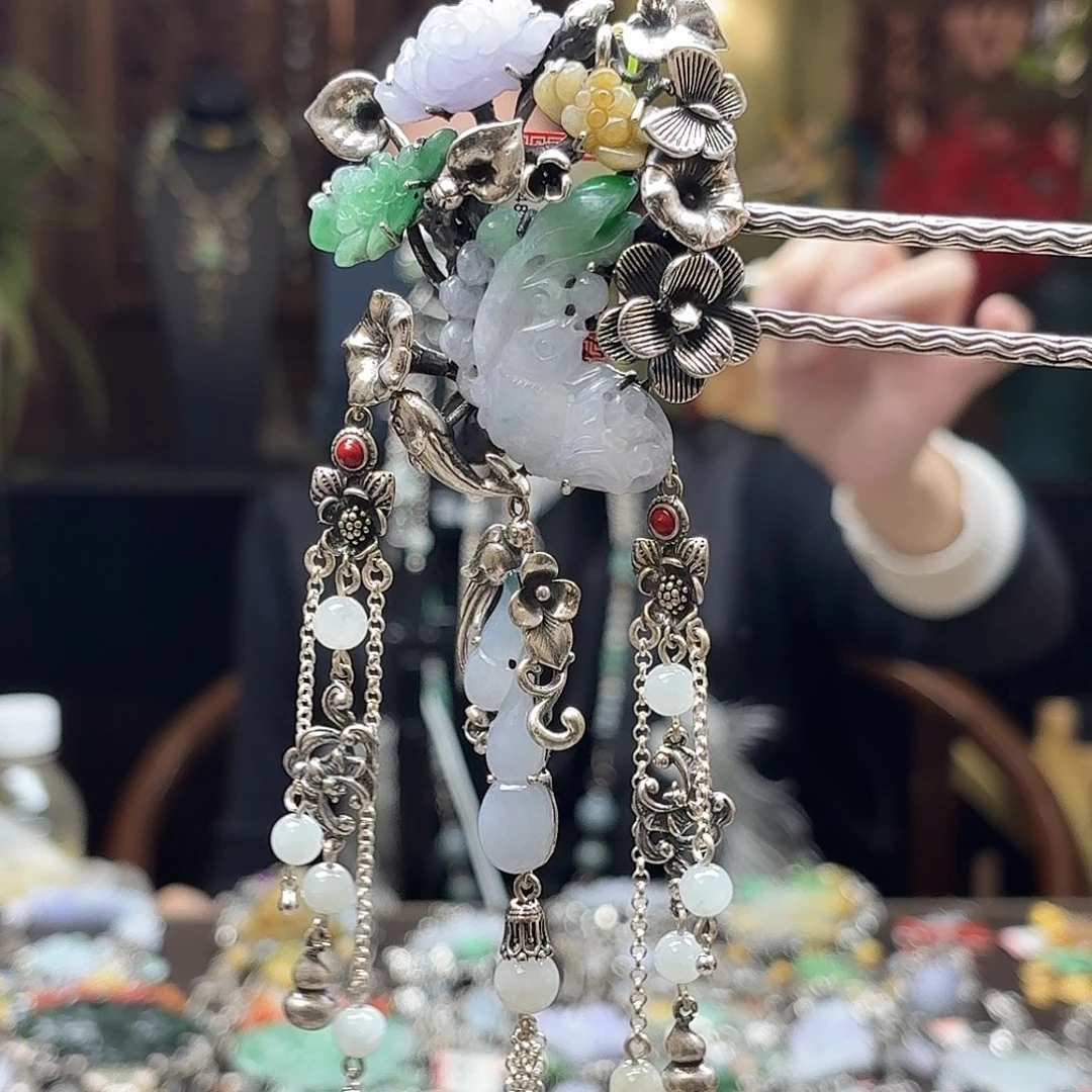 翡翠银S925镶嵌发簪发簪