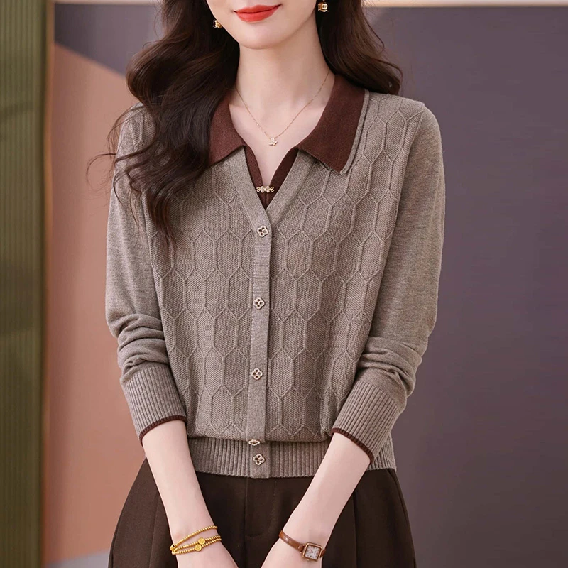 假两件针织上衣春秋时尚洋气妈妈打底衫2025新款秋冬翻领毛衣气质