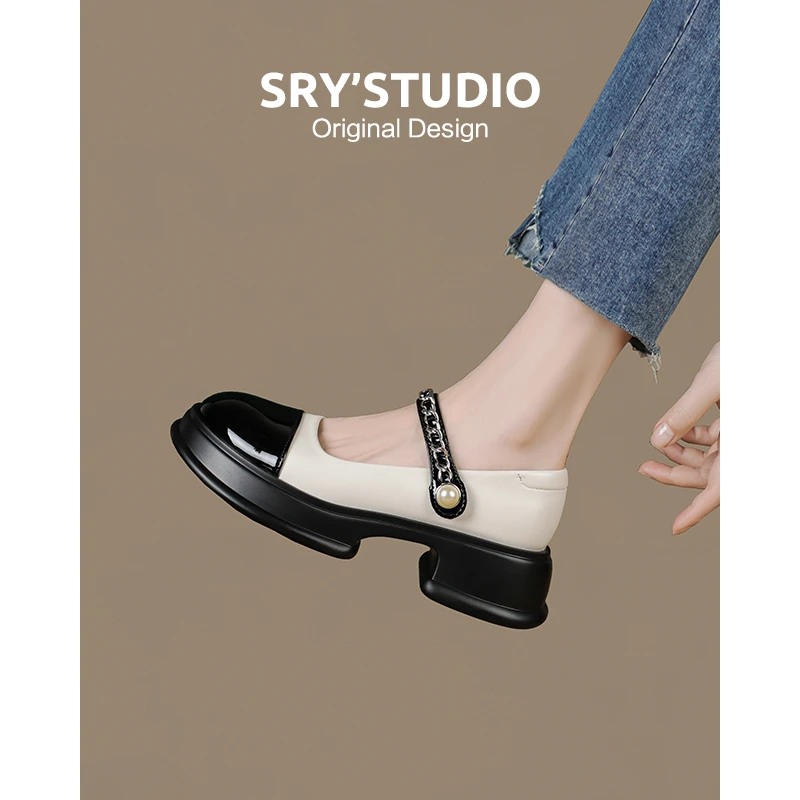 SR5001牛皮法式浅口玛丽珍女鞋2025春季新款厚底一脚蹬懒人单鞋女
