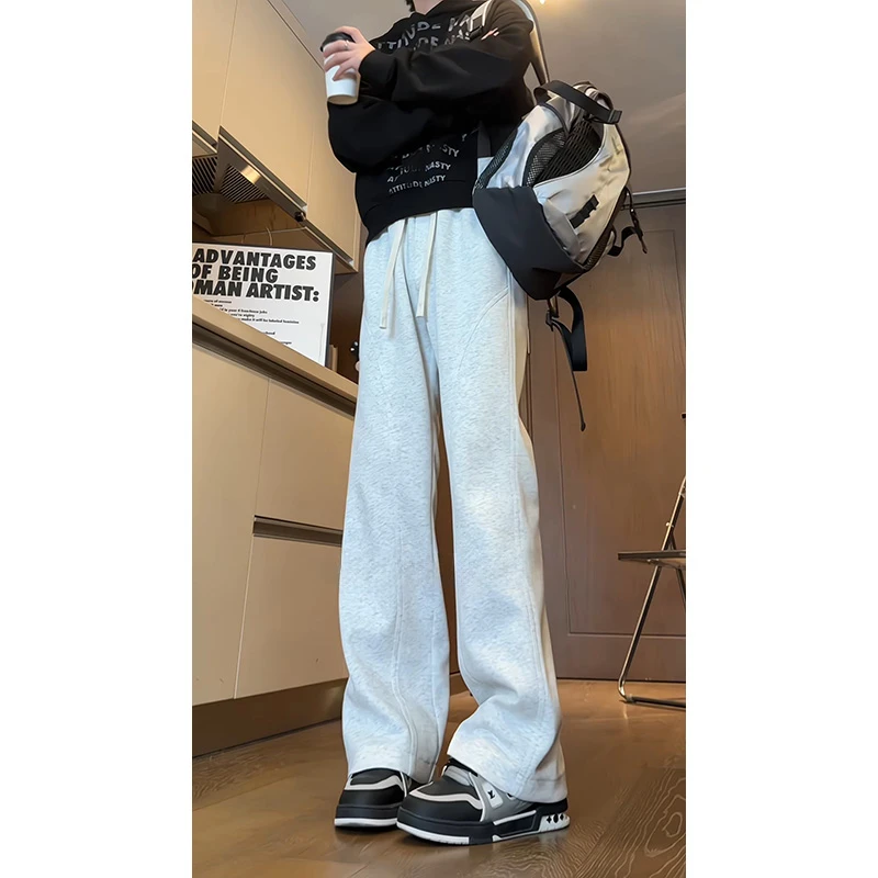 B-K-F男女同款重磅斜切卫裤秋冬美式显高微喇裤直筒垂感休闲裤