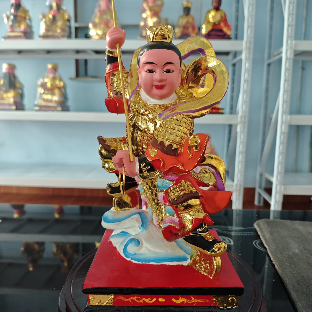 闽南木雕刻去芯香樟木站双轮太子神像贴金彩绘工艺品摆件