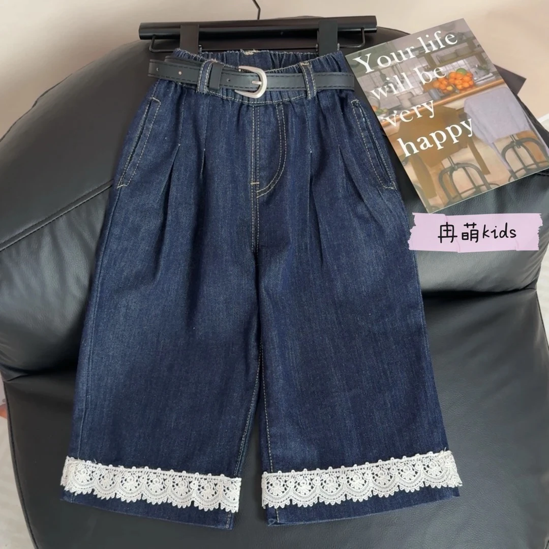 女童花边拼接直筒牛仔裤2025新款宽松百搭九分裤夏季甜美阔腿裤潮