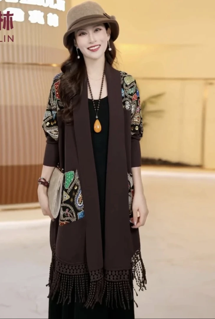 时尚轻奢风秋装新款外套女装气质大码中长款高贵亮片刺绣流苏披肩