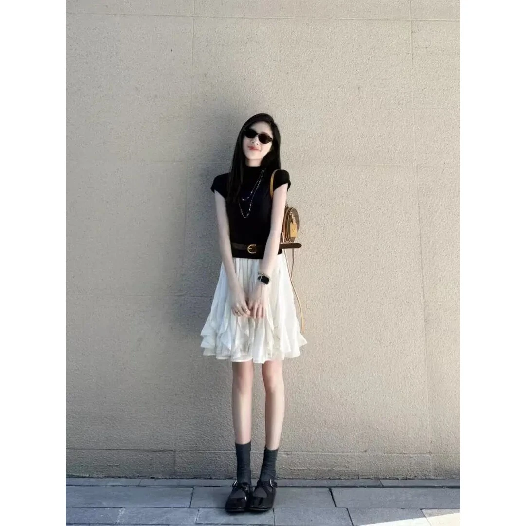 夏季小众炸街高级感女装黑色短袖上衣高腰气质不规则半身裙套装