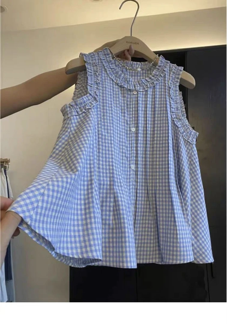 韩系气质木耳花边格子吊带背心女夏季小众设计感无袖衬衫短款上衣